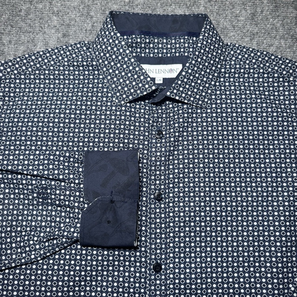 John Lennon Button Up Shirt Men Large Navy Dots Mushroom Long Sleeve Flip Cuff